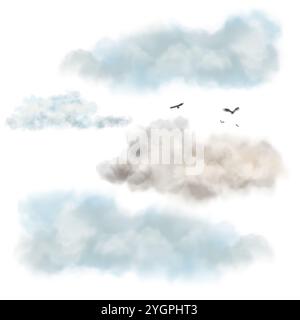 Nuvole, una serie di illustrazioni ad acquerello in toni blu, grigio e giallo. Colori pastello elementi di una stanza dei bambini il set di nuvole è progettato per Foto Stock