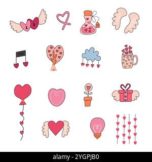 set rosa colorato per san valentino disegnato a mano vettoriale. Illustrazione Vettoriale