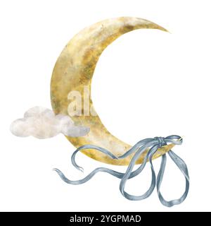 Luna mezzaluna con un bel fiocco. Illustrazione in acquerello in stile digitale. Graziosa luna crescente in soffici nuvole, isolata su sfondo bianco. Flirtare Foto Stock