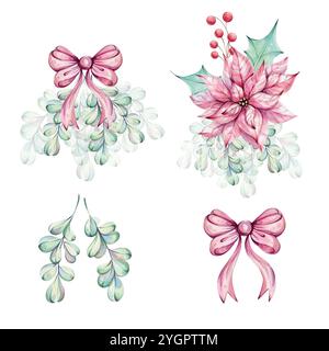 Clip art di acquerello natalizio, set di bouquet di fiori di punta rossa con foglie verdi agrifoglio e mietitura, bacche rosse. Composizione di Capodanno con arco Foto Stock