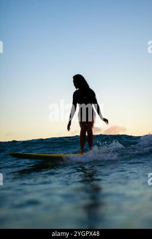 Silhouette di un surfista che scivola su un'onda durante un vibrante tramonto di Waikiki. Foto Stock