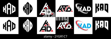 Logo KAD Letter in sei stili. Poligono KAD, cerchio, triangolo, esagono, piatto e semplice con logo lettera variazione colore bianco e nero Illustrazione Vettoriale