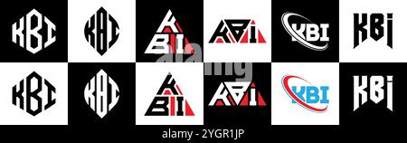 Design con logo KBI Letter in sei stili. Poligono KBI, cerchio, triangolo, esagono, piatto e semplice con logo lettera variazione colore bianco e nero Illustrazione Vettoriale