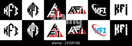 Logo KFI Letter in sei stili. Poligono KFI, cerchio, triangolo, esagono, piatto e semplice con logo lettera variazione colore bianco e nero Illustrazione Vettoriale