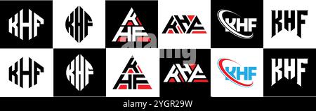 Logo KHF Letter in sei stili. Poligono KHF, cerchio, triangolo, esagono, piatto e semplice con logo lettera variazione colore bianco e nero Illustrazione Vettoriale