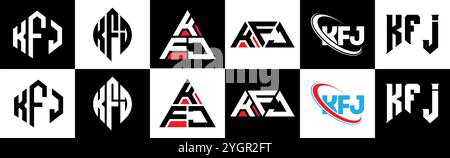 Logo KFJ Letter in sei stili. Poligono KFJ, cerchio, triangolo, esagono, piatto e semplice con logo lettera variazione colore bianco e nero Illustrazione Vettoriale