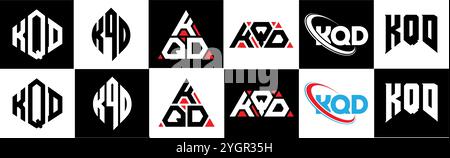 Logo KQD Letter in sei stili. Poligono KQD, cerchio, triangolo, esagono, piatto e semplice con logo lettera variazione colore bianco e nero Illustrazione Vettoriale