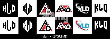 Logo KLD Letter in sei stili. Poligono KLD, cerchio, triangolo, esagono, piatto e semplice con logo lettera variazione colore bianco e nero Illustrazione Vettoriale