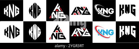 Logo KNG Letter in sei stili. Poligono KNG, cerchio, triangolo, esagono, piatto e semplice con logo lettera variazione colore bianco e nero Illustrazione Vettoriale