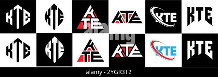 Logo KTE Letter in sei stili. Poligono KTE, cerchio, triangolo, esagono, piatto e semplice con logo lettera variazione colore bianco e nero Illustrazione Vettoriale