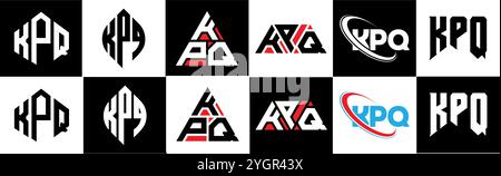 Logo KPQ Letter in sei stili. Poligono KPQ, cerchio, triangolo, esagono, piatto e semplice con logo lettera variazione colore bianco e nero Illustrazione Vettoriale