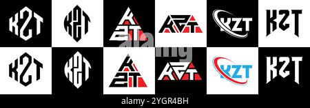 Logo KZT Letter in sei stili. Poligono, cerchio, triangolo, esagono, piatto e semplice KZT con logo lettera di variazione colore bianco e nero Illustrazione Vettoriale