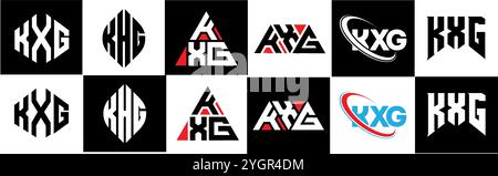 Logo KXG Letter in sei stili. Poligono KXG, cerchio, triangolo, esagono, piatto e semplice con logo lettera variazione colore bianco e nero Illustrazione Vettoriale