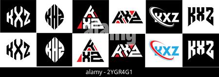 Logo KXZ Letter in sei stili. Poligono, cerchio, triangolo, esagono, piatto e semplice KXZ con logo lettera variazione colore bianco e nero Illustrazione Vettoriale