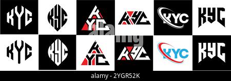 Logo KYC Letter in sei stili. Poligono KYC, cerchio, triangolo, esagono, piatto e semplice con logo lettera variazione colore bianco e nero Illustrazione Vettoriale