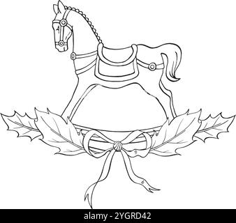 Cavallo a dondolo d'epoca con foglie di agrifoglio. Composizione vettoriale isolata per Natale. Illustrazione invernale tradizionale per confezionamento, saluto, cartolina, stampa Illustrazione Vettoriale