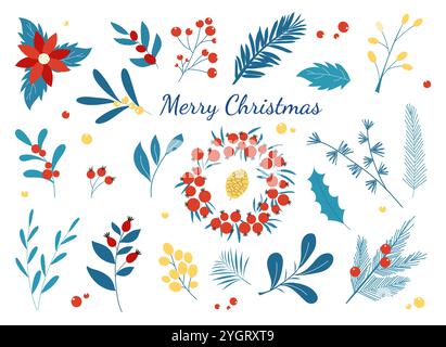 Elegante set di piante invernali, bacche e ghirlanda disegnati a mano. Illustrazione Vettoriale