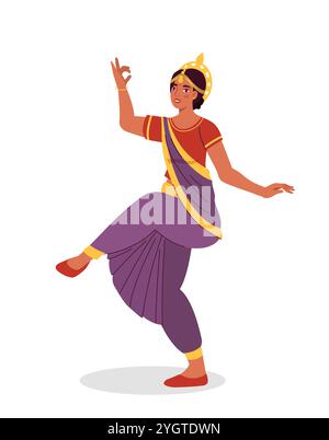 La donna danza in abito. Giovane ragazza che balla con un vestito viola. Cultura e tradizioni indiane. Hobby e tempo libero. Modello e layout. Vettore piatto Illustrazione Vettoriale