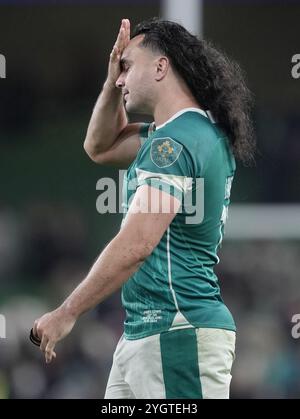 L'irlandese James Lowe reagisce dopo la partita internazionale autunnale all'Aviva Stadium di Dublino. Data foto: Venerdì 8 novembre 2024. Foto Stock