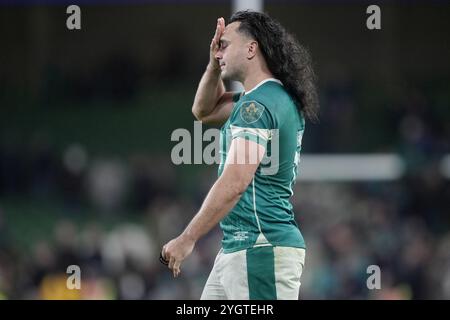 L'irlandese James Lowe reagisce dopo la partita internazionale autunnale all'Aviva Stadium di Dublino. Data foto: Venerdì 8 novembre 2024. Foto Stock