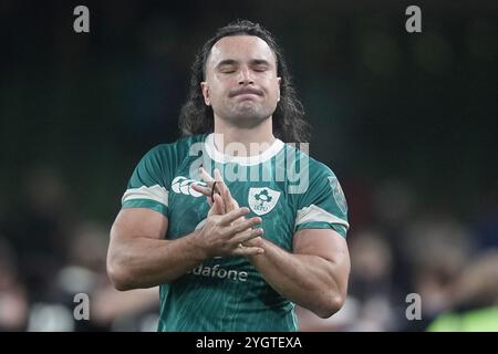 L'irlandese James Lowe reagisce dopo la partita internazionale autunnale all'Aviva Stadium di Dublino. Data foto: Venerdì 8 novembre 2024. Foto Stock