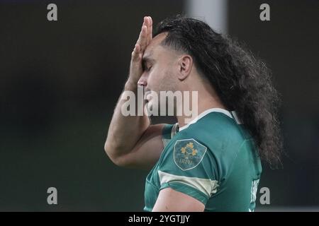 L'irlandese James Lowe reagisce dopo la partita internazionale autunnale all'Aviva Stadium di Dublino. Data foto: Venerdì 8 novembre 2024. Foto Stock