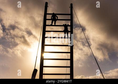 U.S. Marine Corps Recruits with Mike Company, 3rd Recruit Training Battalion, naviga un ostacolo durante il Crucible al Marine Corps base Camp Pendleton, California, 29 ottobre 2024. Il crogiolo è un esercizio di 54 ore in cui le reclute applicano le conoscenze che hanno appreso durante l'addestramento delle reclute per ottenere il titolo di Marine degli Stati Uniti. (Foto U.S. Marine Corps di Lance Cpl. Jacob B. Hutchinson) Foto Stock