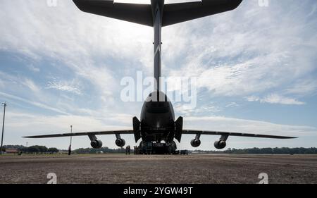 I Citizen Airmen del 25th Aerial Port Squadron lavorano con altri riservisti del 312th Airlift Squadron della Travis Air Force base, California, per caricare il carico su un C-5 Super Galaxy durante un'esercitazione alla Maxwell Air Force base, Alabama, il 2 novembre 2024. Esercizi di preparazione al combattimento come questo dimostrano la prontezza e la capacità dei riservisti di esibirsi in condizioni difficili, e assicurarsi che siano preparati a qualsiasi potenziale conflitto futuro. (Foto U.S. Air Force di Senior Airman Erica Webster) Foto Stock