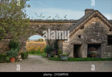 Meursault, Cote d'Or, Borgogna, Francia -27 ottobre 2024 - Guarda attraverso un arco in un cortile del paese vicino ai vigneti Foto Stock