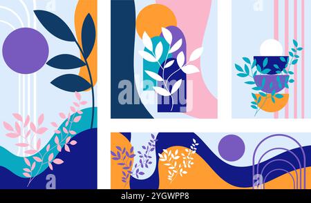 Un'opera d'arte astratta vivace e giocosa che presenta una collezione di forme geometriche colorate ed elementi organici Illustrazione Vettoriale