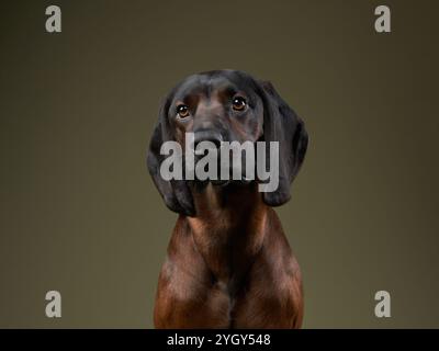 Un burattino di Weimarane posa stoicamente con uno sguardo mirato su uno sfondo scuro, mostrando la sua profonda intelligenza e la rinomata razza di caccia Foto Stock