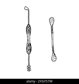auricolare in bambù e sessola in metallo riutilizzabile mimimikaki - disegno degli strumenti per la pulizia dell'igiene delle orecchie. Concetto di bagno senza rifiuti. Illustrazione Vettoriale