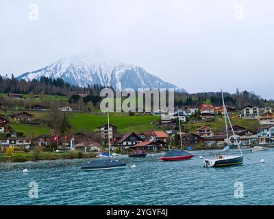 Traghetto sul lago di Thun e sulle Alpi svizzere, Svizzera. Foto Stock