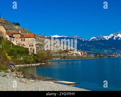 Vista sulla strada del villaggio di Rivaz e sul lago di Ginevra, Svizzera. Foto Stock