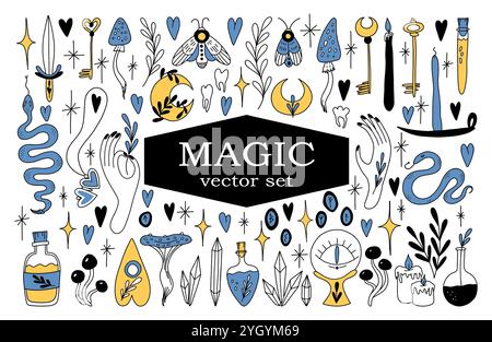 Set di elementi di design magici e vettoriali. Collezione di boho disegnata a mano da stregoneria con cristalli celesti, pozioni, candele, funghi Illustrazione Vettoriale