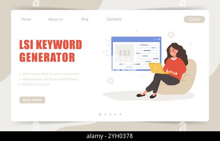 Generatore di parole chiave LSI. Modello di landing page. Servizio di generazione delle frasi chiave. Illustrazioni vettoriali in stile cartoni animati. Ottimizzazione della ricerca di parole Illustrazione Vettoriale
