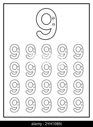 Pagina del foglio di lavoro tracciamento numero per i bambini da zero a nove Illustrazione Vettoriale