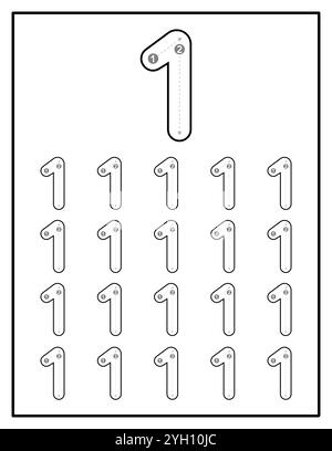 Pagina del foglio di lavoro tracciamento numero per i bambini da zero a nove Illustrazione Vettoriale
