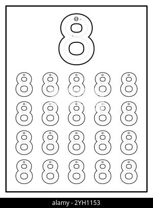 Pagina del foglio di lavoro tracciamento numero per i bambini da zero a nove Illustrazione Vettoriale