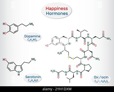 Ormoni della felicità. Molecole di serotonina, dopamina, ossitocina. Illustrazione vettoriale Illustrazione Vettoriale