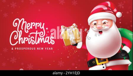 Buon design vettoriale di testo natalizio. Natale babbo Natale grasso e divertente personaggio che regge sacchi gif e elementi decorativi della scatola regalo. Vettore Illustrazione Vettoriale