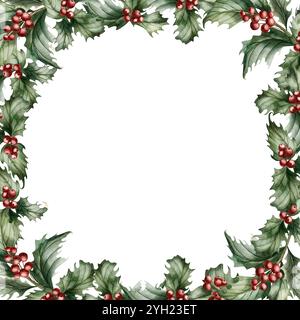 Rami di bacche Holly con bacche rosse. Incorniciatura con la tradizionale pianta natalizia. Illustrazione floreale dipinta a mano in acquerello isolata su fondo bianco Foto Stock
