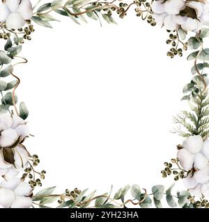 Rami di eucalipto con fiori di cotone. Cornice di illustrazioni floreali isolate dipinte a mano ad acquerello con Dollaro d'Argento, Eucalypt per matrimoni Foto Stock