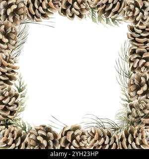 Telaio cono pino con rami di pino e cedro. Illustrazioni floreali isolate dipinte a mano ad acquerello per il design natalizio, l'inverno o l'autunno, bota Foto Stock