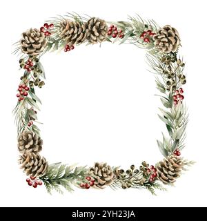 Cornice natalizia con coni di pino, bacche rosse, pino, cedro ed eucalipto. Illustrazione floreale isolata dipinta a mano ad acquerello per Natale Foto Stock