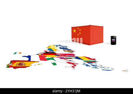 Container marittimo con la Cina e botte di petrolio greggio con bandiere della Russia su una mappa di bandiera dell'Unione europea. Guerra commerciale tra Cina e Unione europea. Sanzioni per la Russia Foto Stock