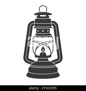 Lanterna da campeggio vintage silhouette simbolo forma. Logo lampada a gas retrò. Lanterna tempesta. Illustrazione vettoriale. Isolato su sfondo bianco. Illustrazione Vettoriale