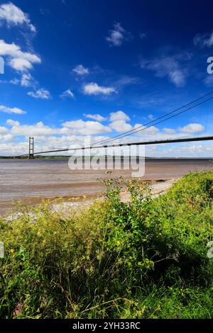 Vista estiva sul ponte Humber da Hessle Foreshore; East Riding of Yorkshire, Inghilterra; Regno Unito Foto Stock