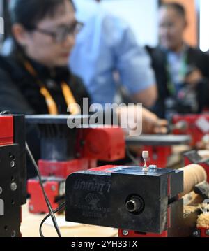 Shanghai. 8 novembre 2024. Un espositore elabora una minuscola tazza di legno con un diametro di 2 millimetri utilizzando un'apparecchiatura di precisione durante la 7a China International Import Expo (CIIE) nella zona orientale di Shanghai, 8 novembre 2024. Una gamma di strumenti di precisione, prodotti e apparecchiature di lavorazione sono in mostra al 7° CIIE, attirando grande attenzione da parte dei visitatori. Crediti: Huang Xiaoyong/Xinhua/Alamy Live News Foto Stock