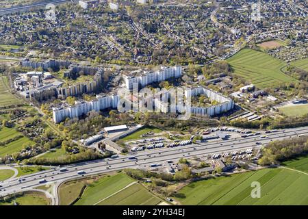 Kirchdorf Sued, alloggi, immobili residenziali, grandi immobili residenziali, alloggi sociali, area di servizio autostradale, Stillhorn, vista aerea, Amburgo Foto Stock